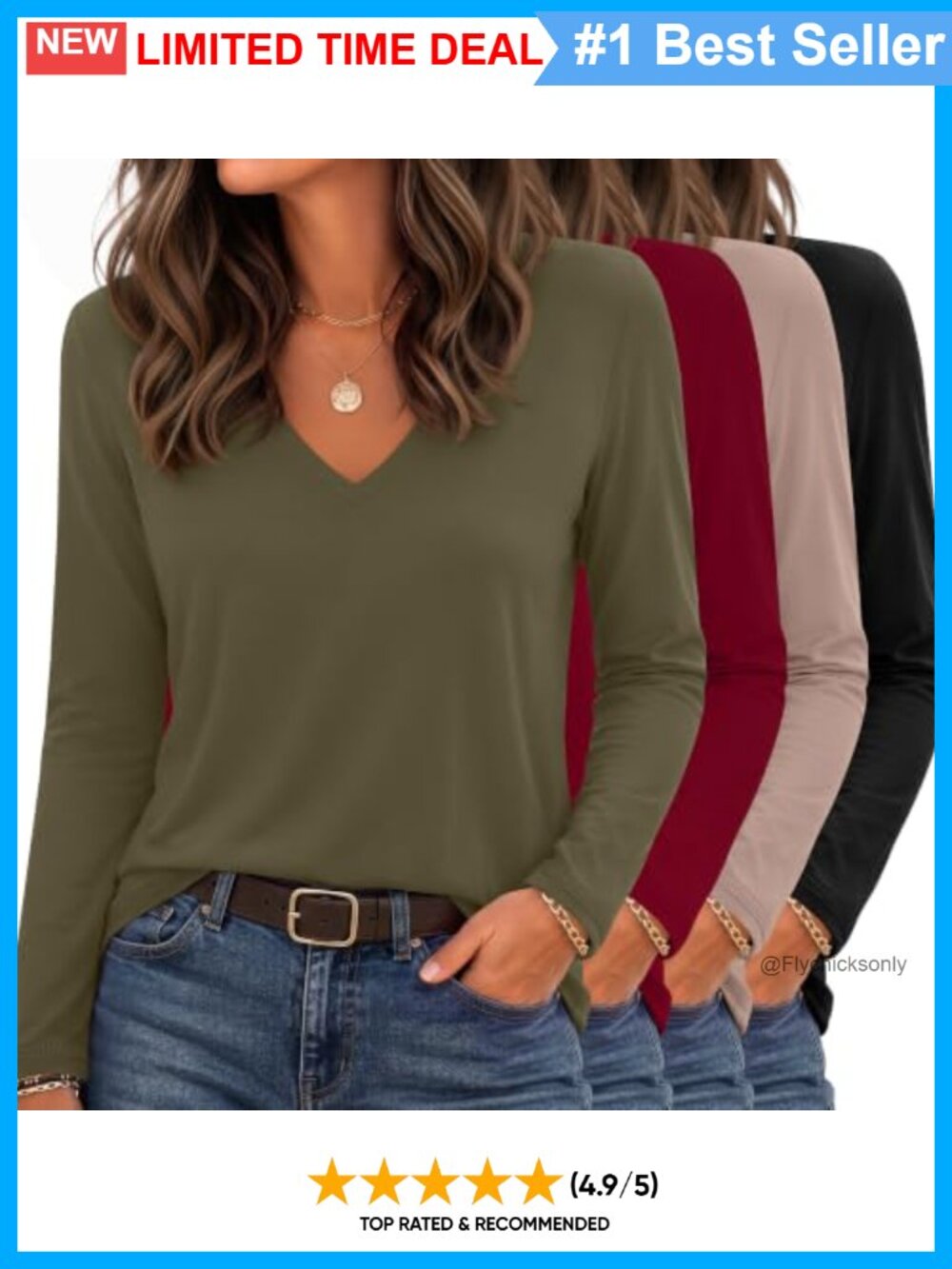 Women's V-Neck Long Sleeve Tees 4 Pack Relaxed Fit Casual Tops